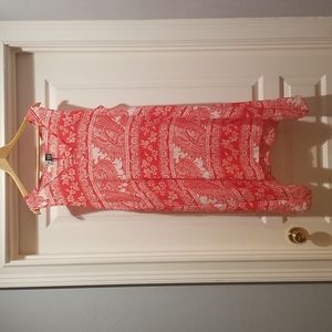 Sleeveless dress, coral and white floral print, no stretch, loose fit